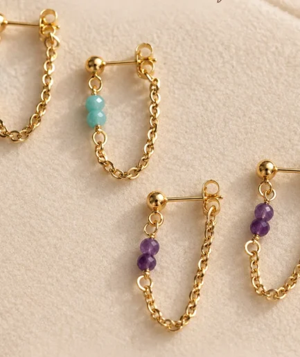 Handmade gold-tone chain drop earrings with aqua and purple beads