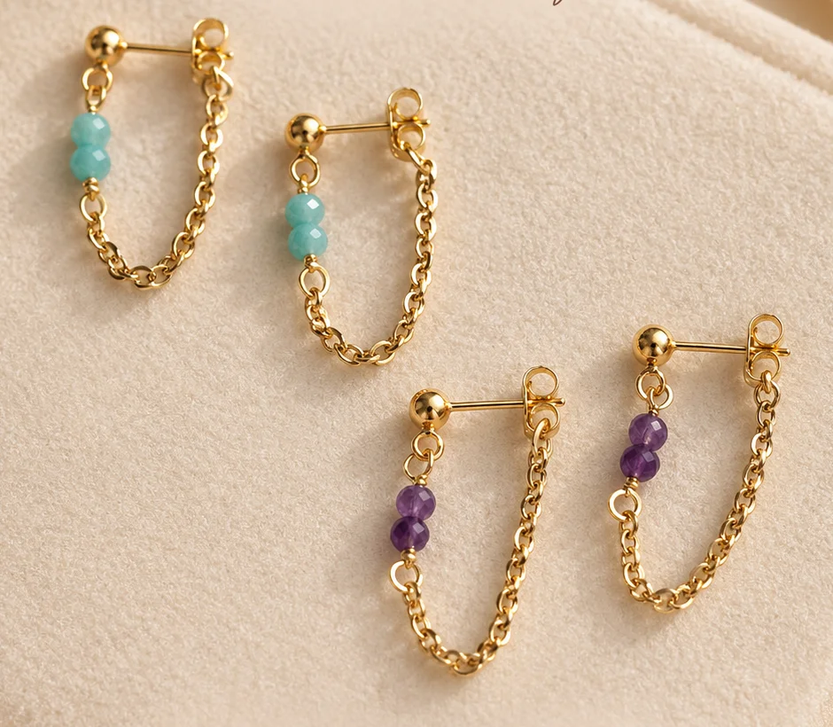 mogo-closet-gemstone-chain-drop-earrings Handmade gold-tone chain drop earrings with aqua and purple beads