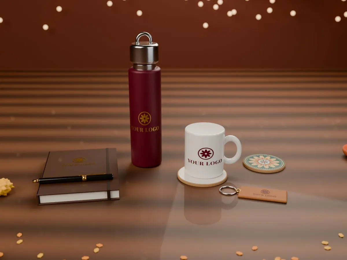 Personalised corporate gifts with company logo – bottle, mug, coaster, keychain and leather diary