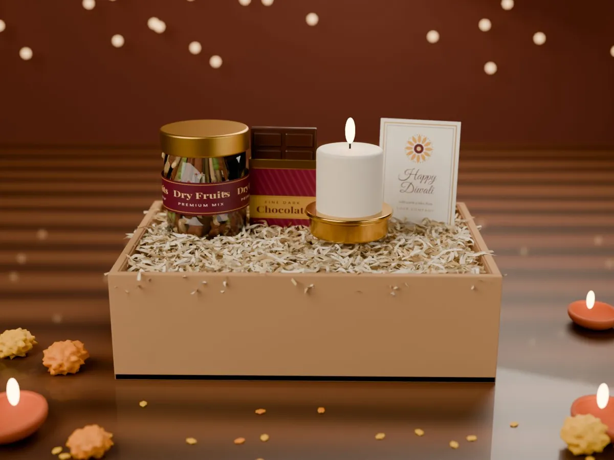 The Diya Box – classic corporate Diwali hamper with dry fruits, chocolate, candle and greeting card in a kraft box
