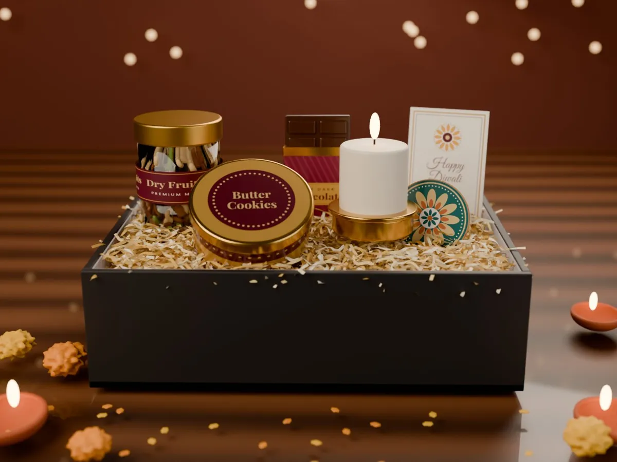 The Jyoti Box – premium corporate Diwali hamper with dry fruits, chocolate, butter cookies, candle, coaster and card in a black box