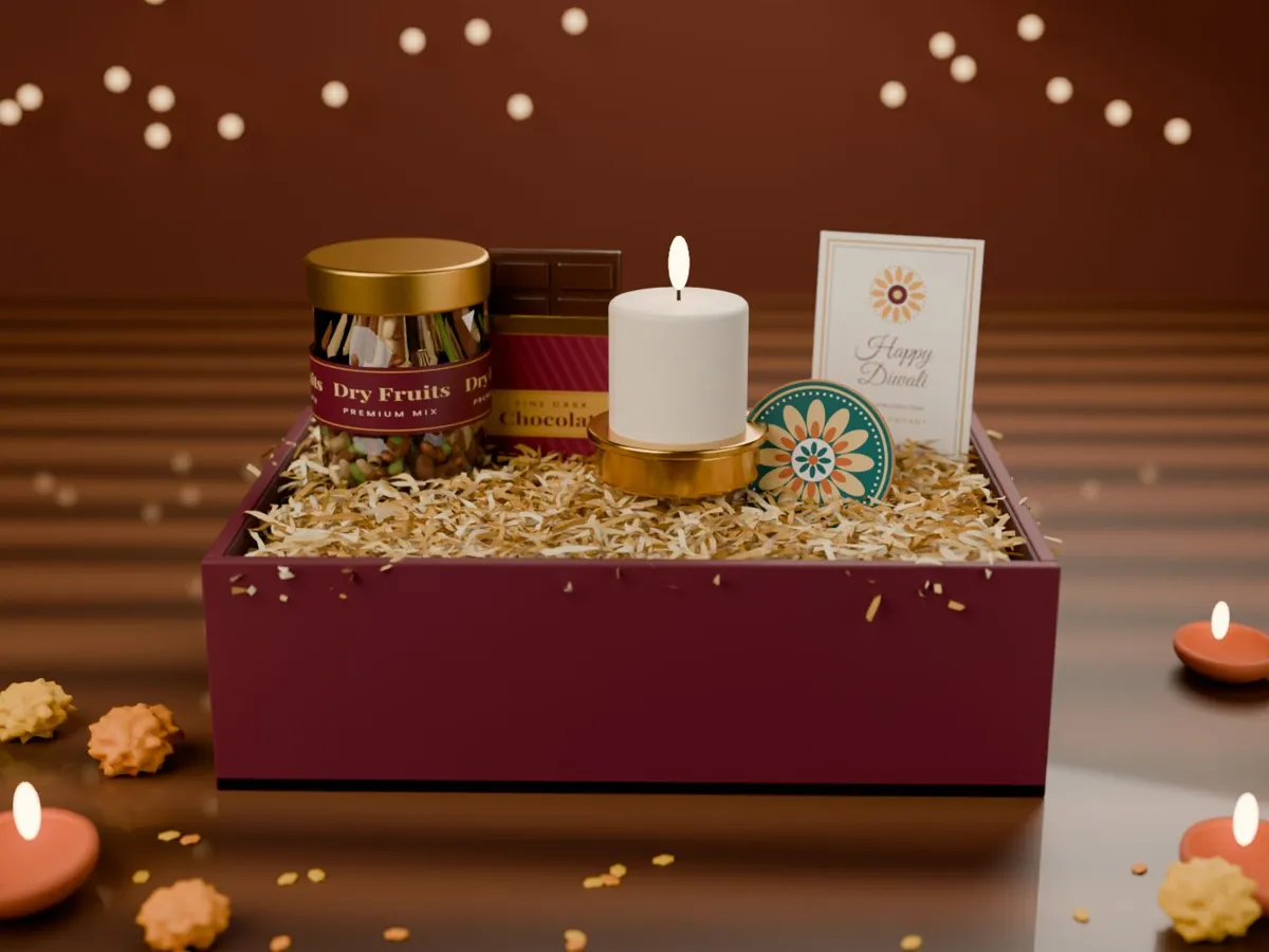 The Utsav Box – signature corporate Diwali hamper with dry fruits, chocolate, candle, designer coaster and card in a maroon box